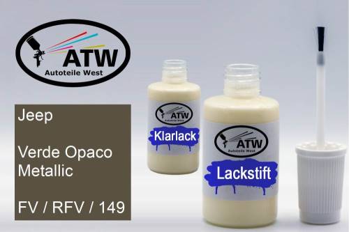 Jeep, Verde Opaco Metallic, FV / RFV / 149: 20ml Lackstift + 20ml Klarlack - Set, von ATW Autoteile West.